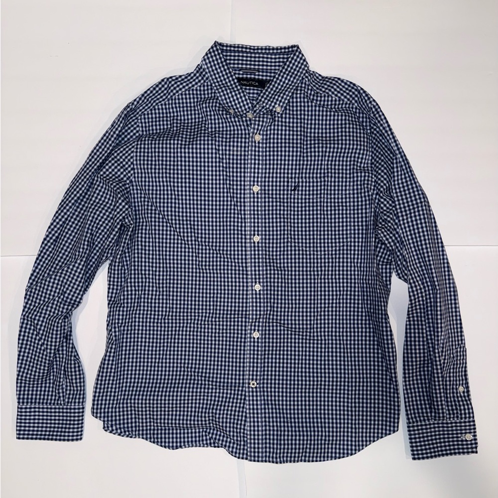 Nautica Men's Navy and White Gingham Button-Down Shirt